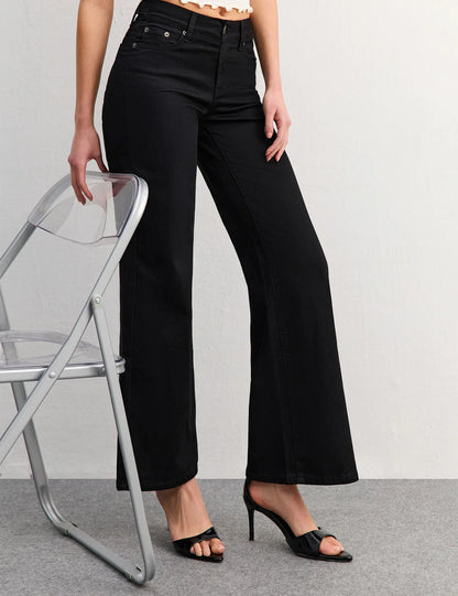 Women's Wide Leg Jeans with Adjustable Snap Waistband – High Rise Baggy Denim Pants
