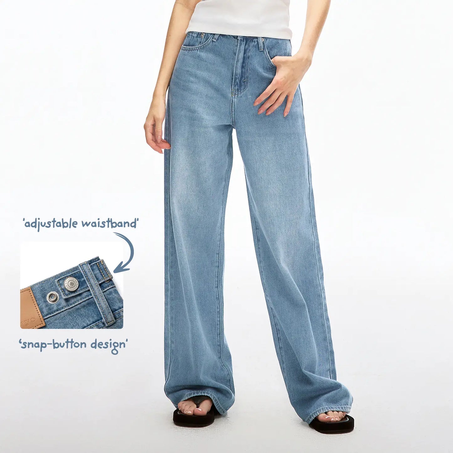 Women's Wide Leg Jeans with Adjustable Snap Waistband – High Rise Baggy Denim Pants