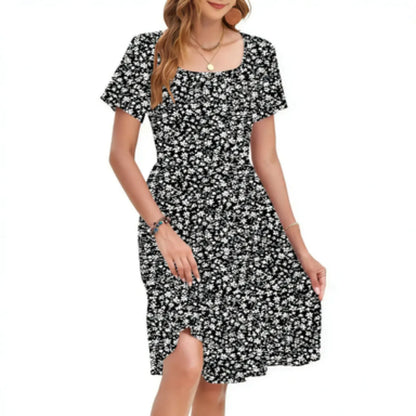 🌴 Vacation-Ready Floral Sundress – Square Neck Ruffle Sleeve Dress with Pockets