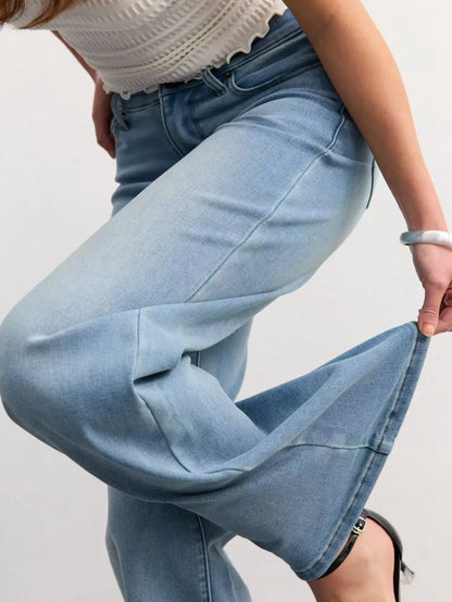 Women's Wide Leg Jeans with Adjustable Snap Waistband – High Rise Baggy Denim Pants