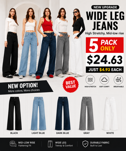 Women's Wide Leg Jeans with Adjustable Snap Waistband – High Rise Baggy Denim Pants