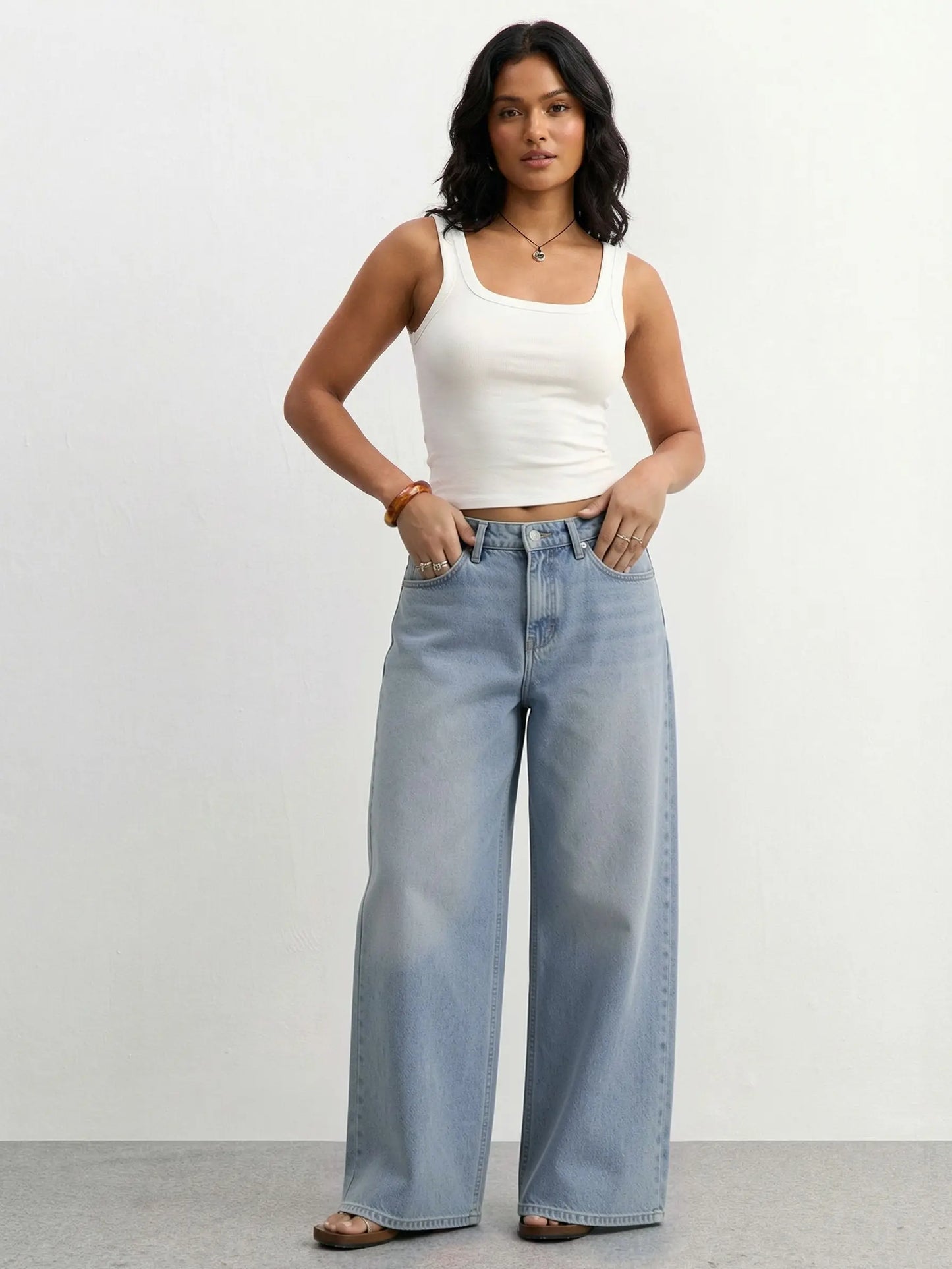 Women's Wide Leg Jeans with Adjustable Snap Waistband – High Rise Baggy Denim Pants