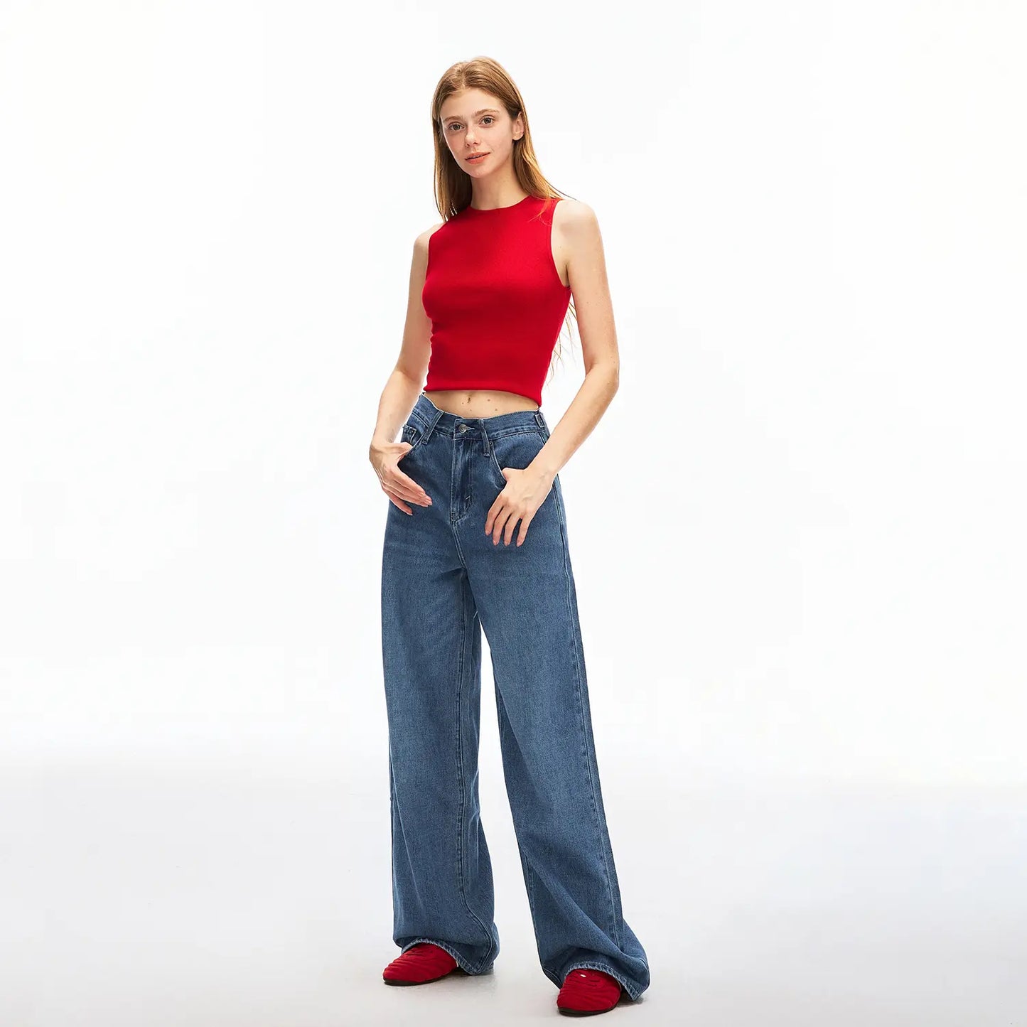 Women's Wide Leg Jeans with Adjustable Snap Waistband – High Rise Baggy Denim Pants