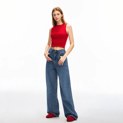 Women's Wide Leg Jeans with Adjustable Snap Waistband – High Rise Baggy Denim Pants